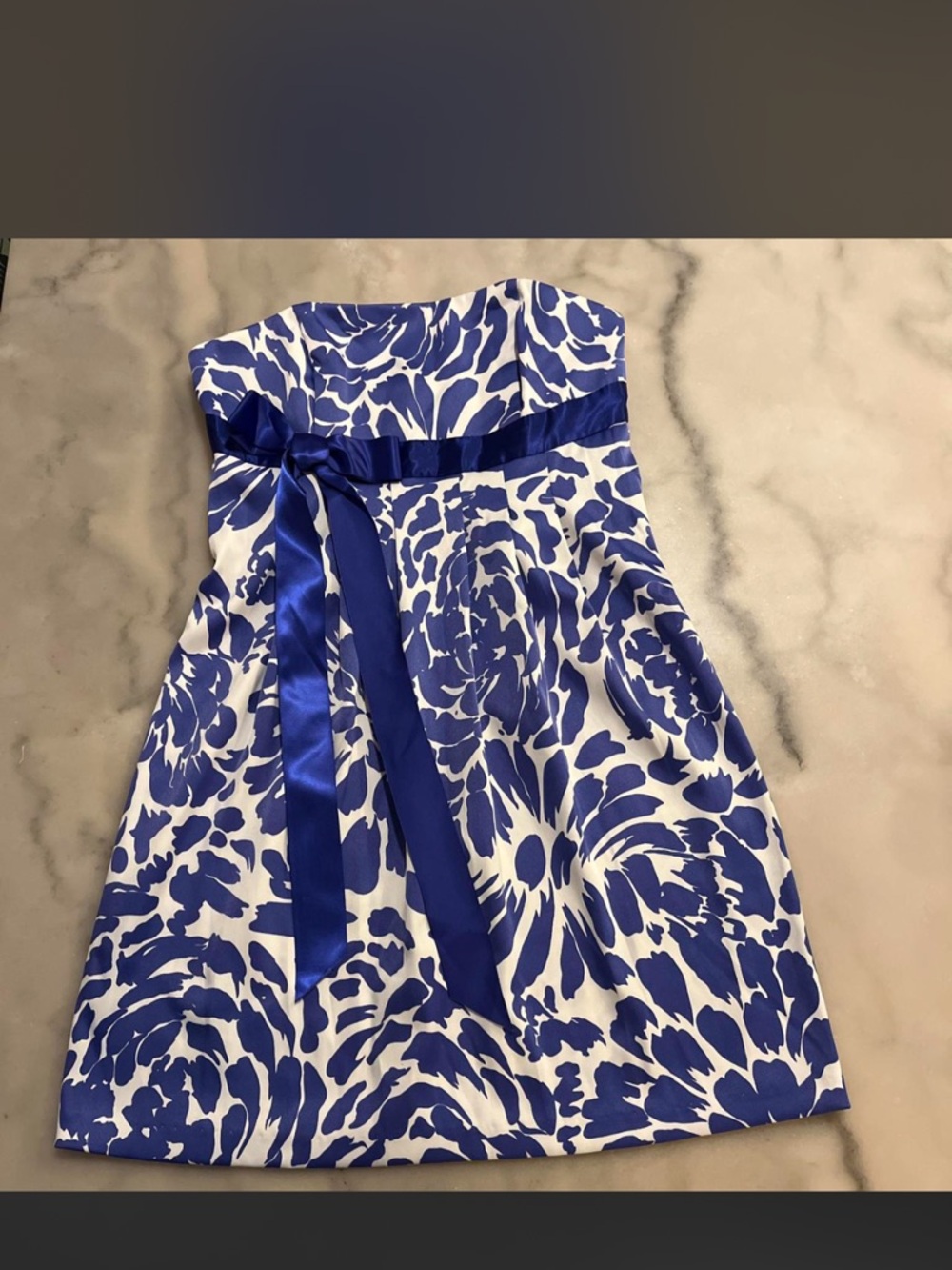 Jessica McClintock White Dress with Bold Blue Floral Print